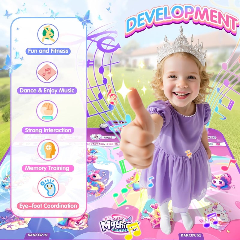 MUZREES Dance Mat, Bluetooth Dance Pad Toy with LED Lights, 2 Players Unicorn Dance Pad for Kids, Birthday Party Game Music Princess Gift Ideas for Girls 3-12 - Image 4